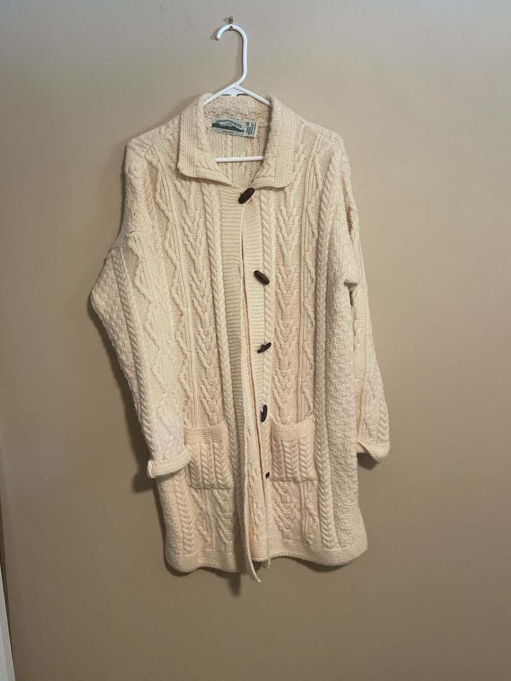 Aran Crafts Merino Wool Cable Knit Cardigan Size M Ivory Long Toggle